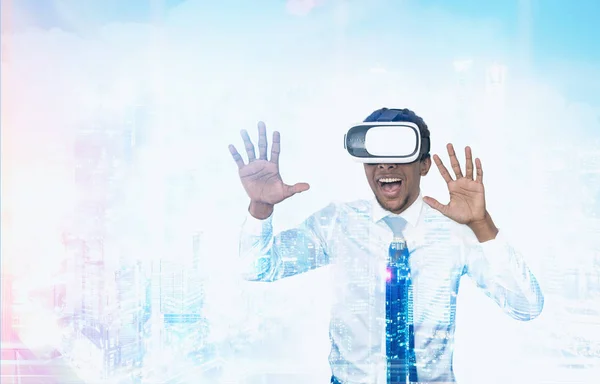 African man in vr glasses in a city