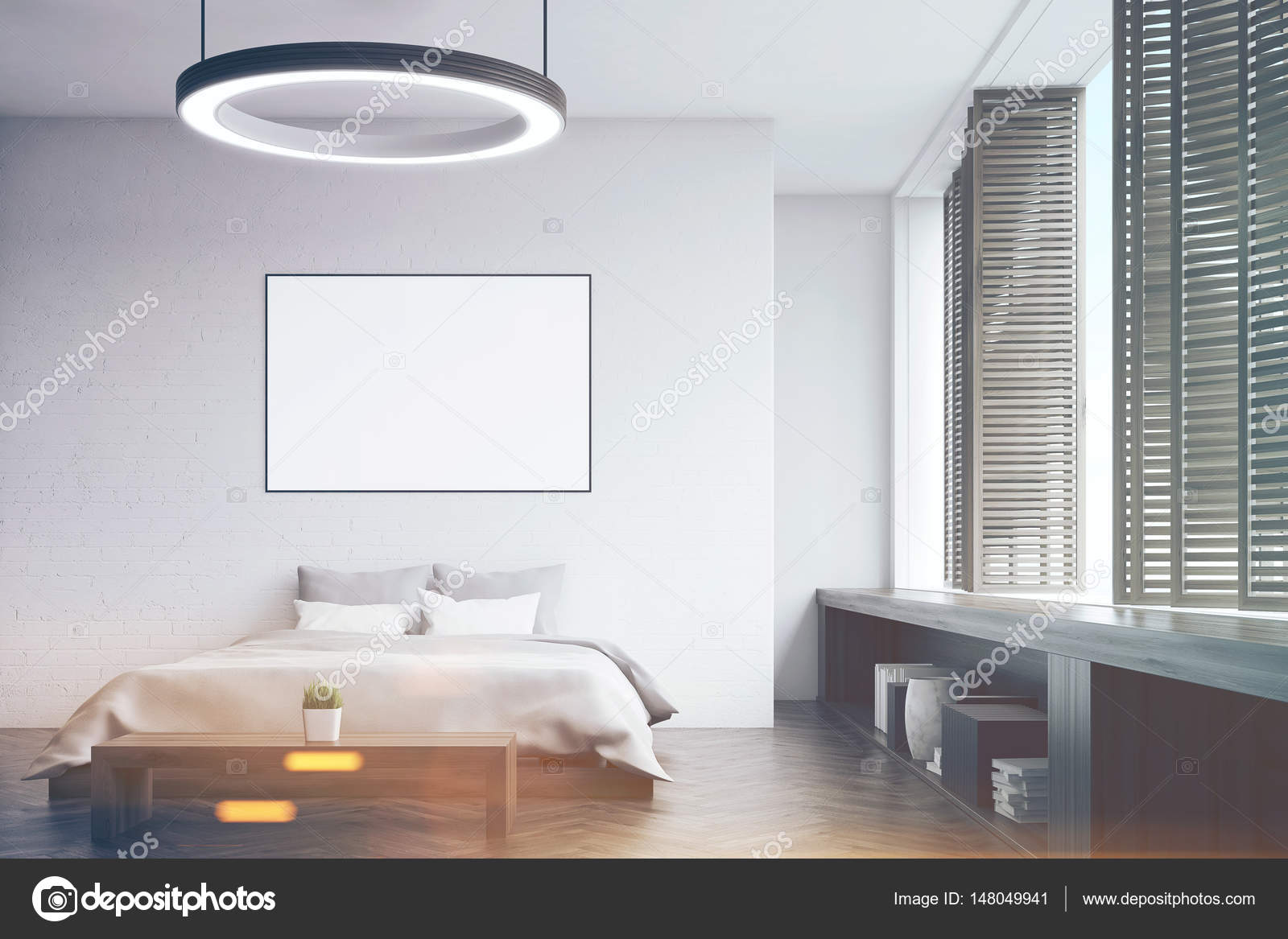 Slaapkamer met een bankje, voorste toned — Stockfoto ... Slaapkamer met een bankje, voorste toned — Stockfoto ...