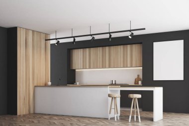 Siyah mutfak bar ve poster, yan