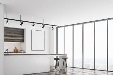 Beyaz mutfak bar ve poster, karanlık, köşe