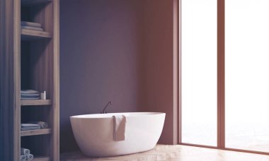 Banyo, dolap ve siyah duvar, yan, tonda