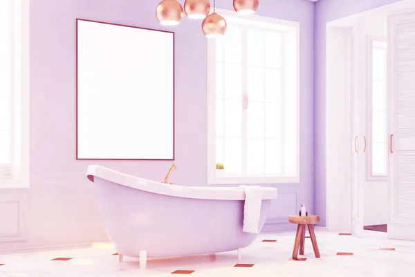 Intérieur salle de bain bleue avec poster, côté, tonique — Photo