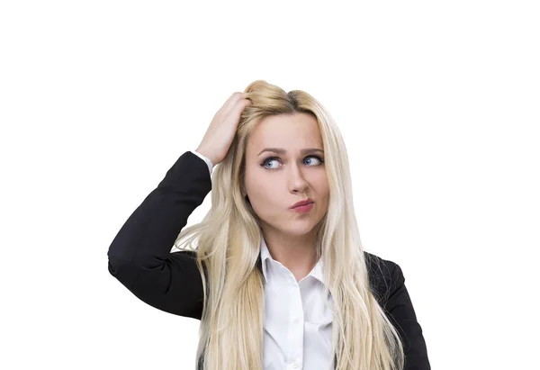 Blond woman scratching her head, isolated — Stock Photo, Image