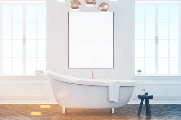 Grijze badkamer interieur met poster, afgezwakt — Stockfoto