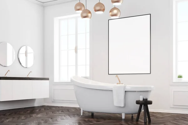 Gray bathroom interior with poster, corner — Stock Photo, Image