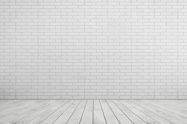 Chambre vide mur de briques blanches, plancher de bois blanc — Photo