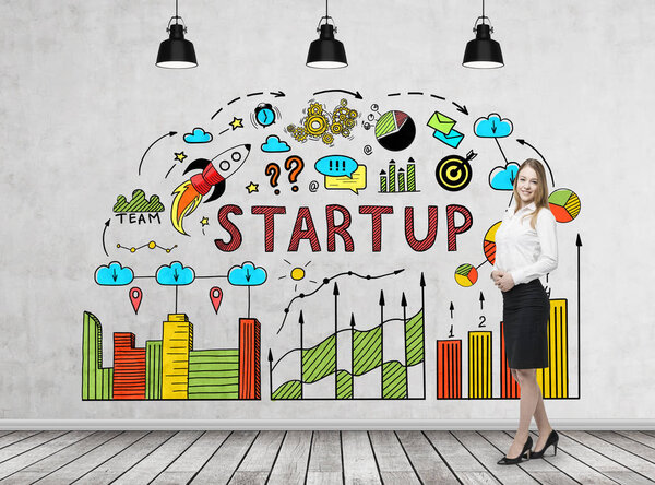 Blond woman and start up diagram