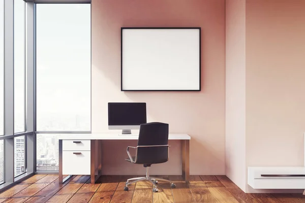 Pink wall workplace with poster — Stock Photo, Image