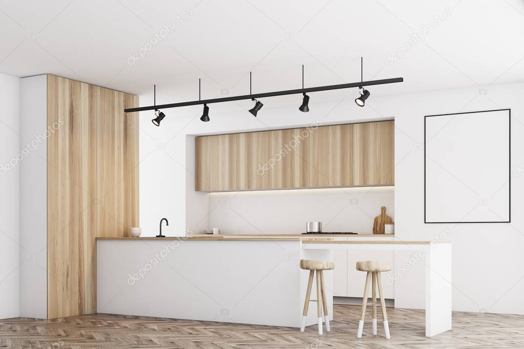White kitchen with bar and poster, side