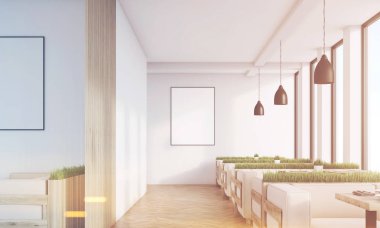 Posterler, hafif ahşap kanepeler, ot kafe tonda