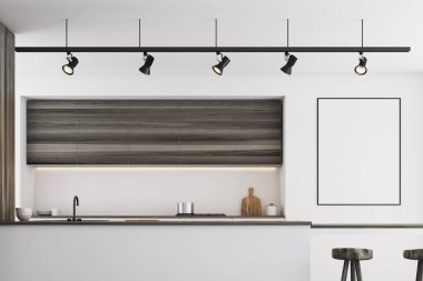 Beyaz mutfak bar ve poster, karanlık, portre