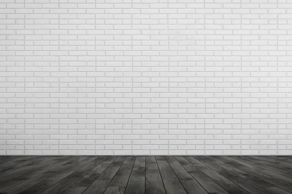Quarto vazio parede de tijolo branco, piso de madeira preta — Fotografia de Stock