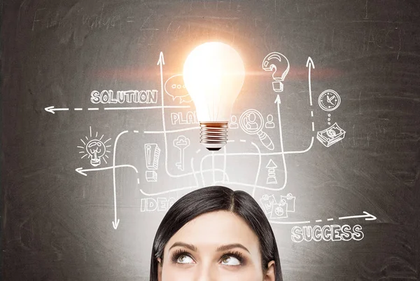 Kvinna huvud, lampa och business idé — Stockfoto