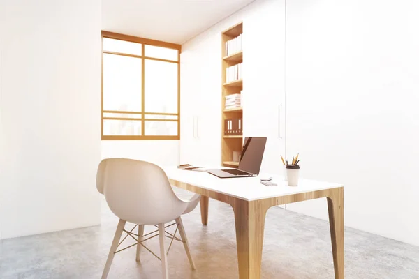 Corner of a workplace, white chair, toned — Stock Photo, Image