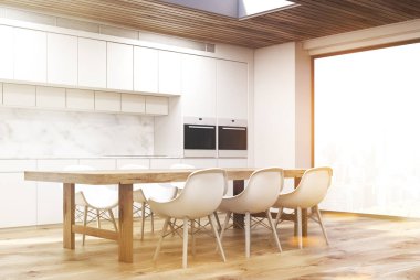 Uzun tablo, mermer mutfak yan tonda,