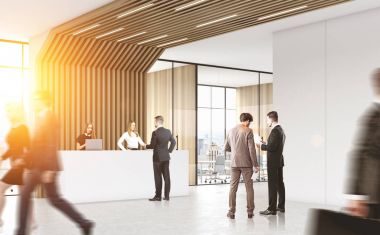 Yan görünüm tarafından Resepsiyon geçen insanlar. 3D render