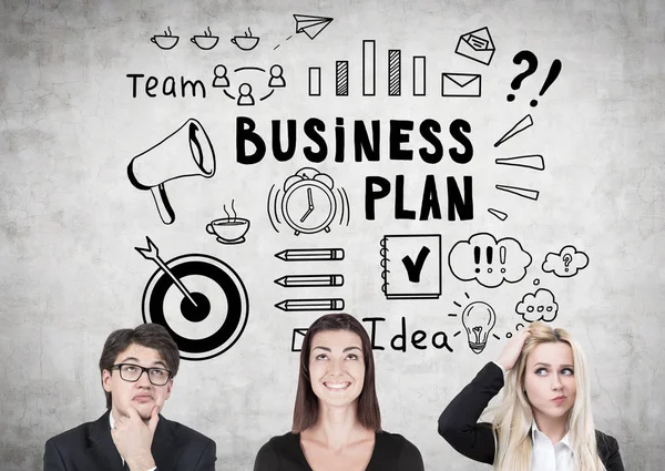 Two women, a man and a business plan — Stock Photo, Image
