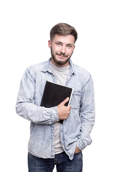 Człowiek z notebooka, na białym tle — Zdjęcie stockowe