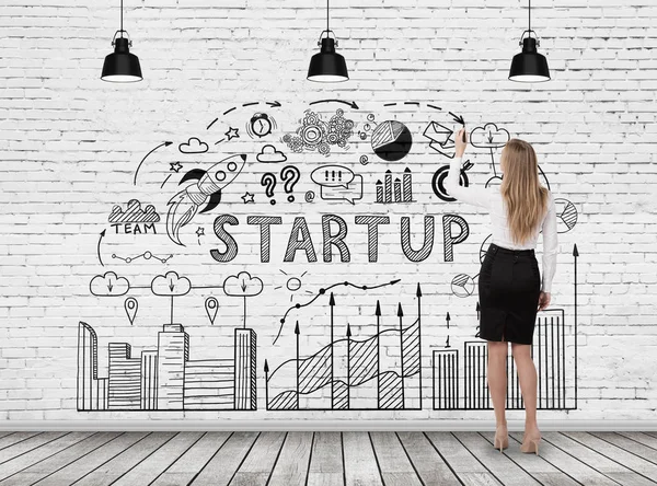 Woman drawing start up diagram — Stock Photo, Image