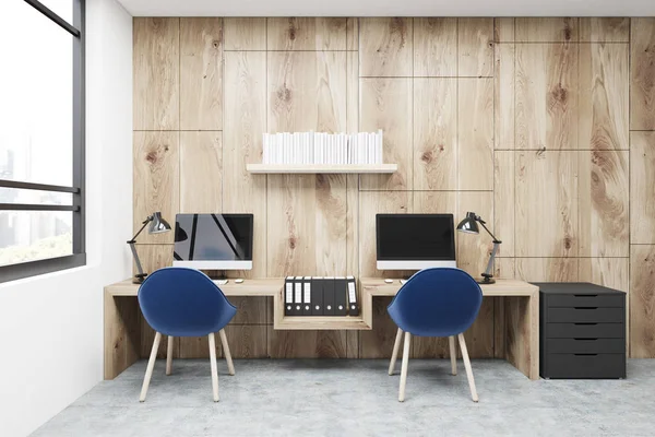 Workplace, two blue chairs, wood — Stock Photo, Image