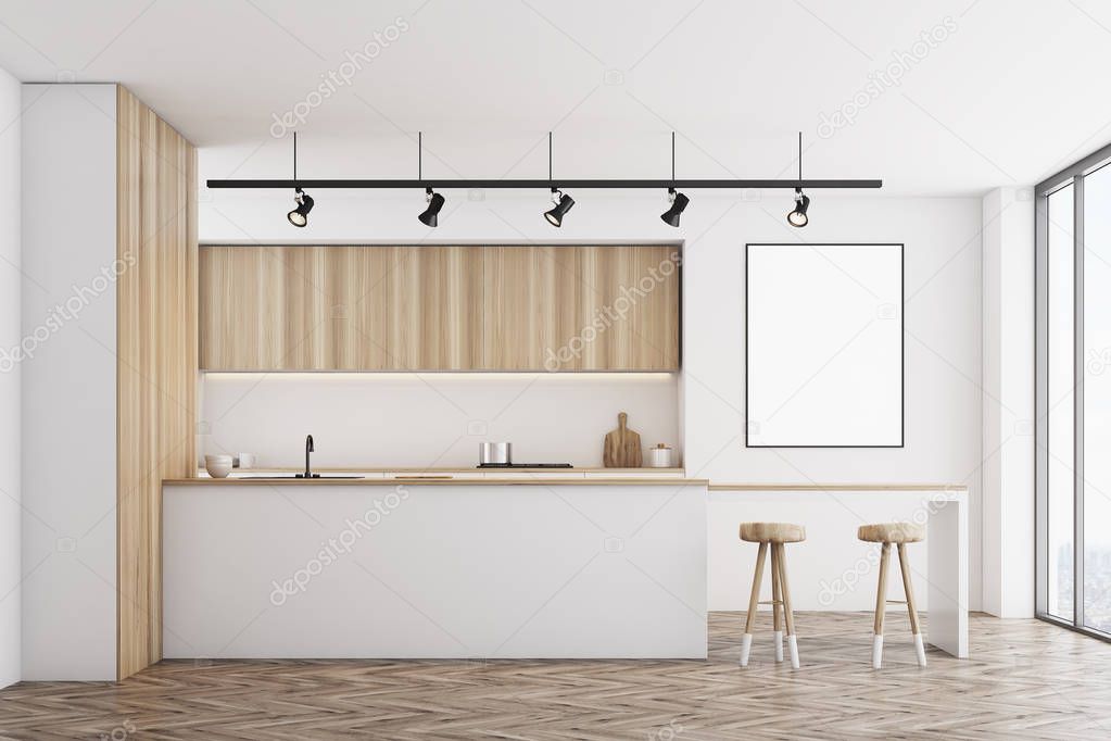 White kitchen with bar and poster