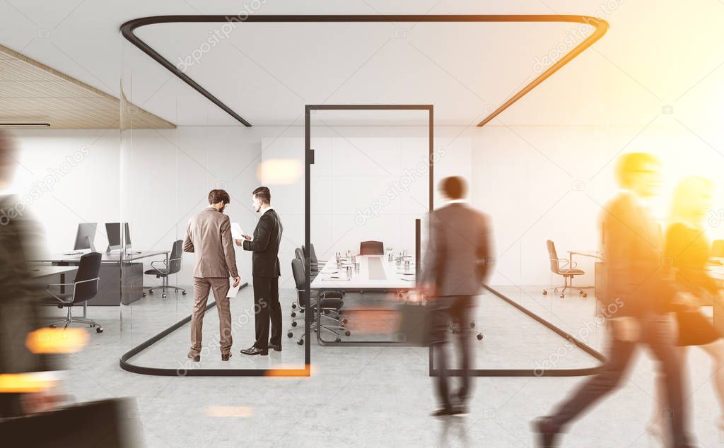 People in conference room with glass walls. 3d rendering