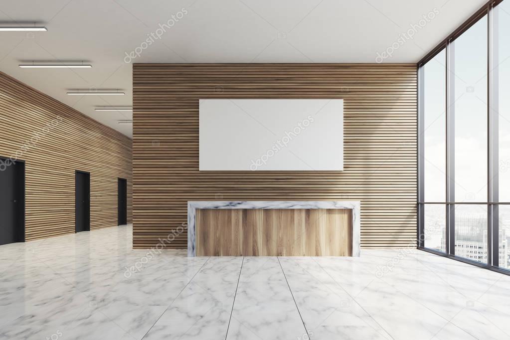 Wooden reception in marble lobby, poster