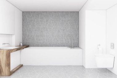 Bir gri duvar ve tuvaletli banyo