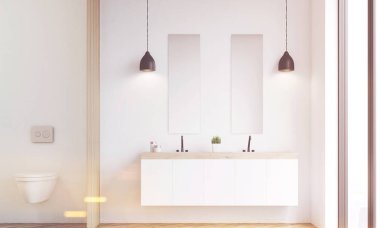 Tuvalet ve lavabo, beyaz duvar, tonda