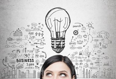 Black haired woman s head and business idea clipart