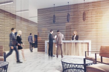 Ahşap Resepsiyon, mermer zemin, yan, insanlar