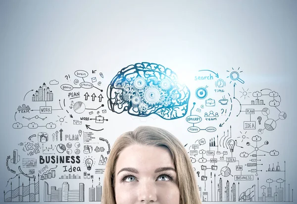 Blond woman s head, brain and gears — Stock Photo, Image