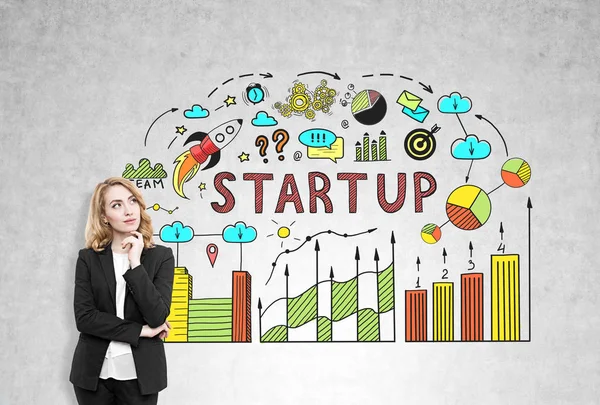 Pensive woman and start up diagram