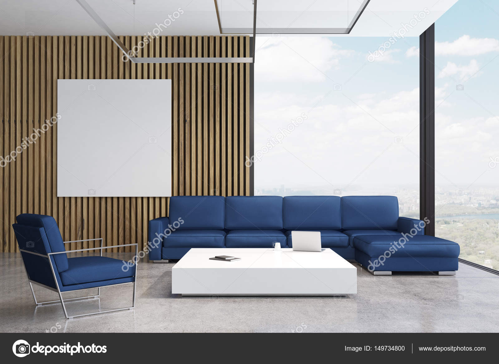 Salotto divano blu con poster — foto stock © denisismagilov #149734800 Poster per salotto
