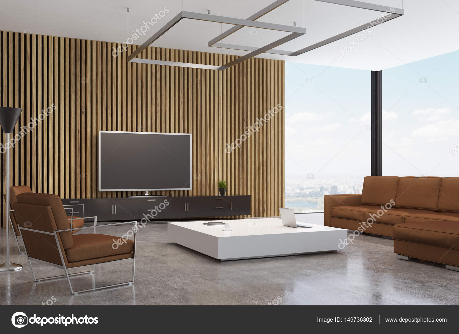 Bruin woonkamer met Tv — Stockfoto © denisismagilov #149736302 Bruin woonkamer met Tv — Stockfoto © denisismagilov #149736302
