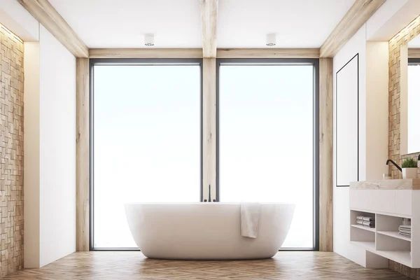 Light tile bathroom, window — Stock Photo, Image