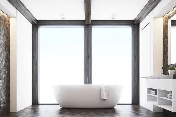 Ciemne płytki łazienka, okna — Zdjęcie stockowe