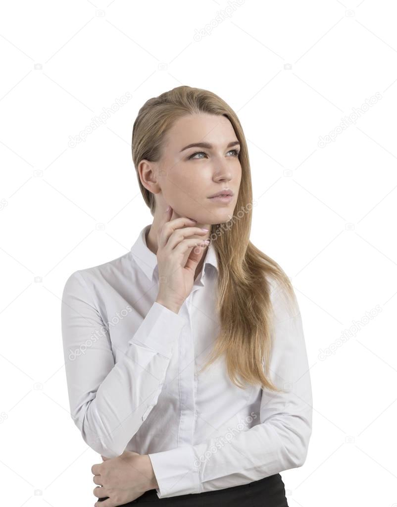 Pensive blond woman isolated