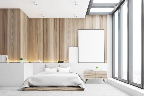 Lichte slaapkamer, hout, voorzijde — Stockfoto