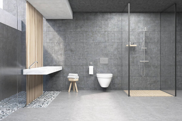 Bathroom interior with gray walls, a shower cabin with glass wall, a toilet and a double sink. 3d rendering.