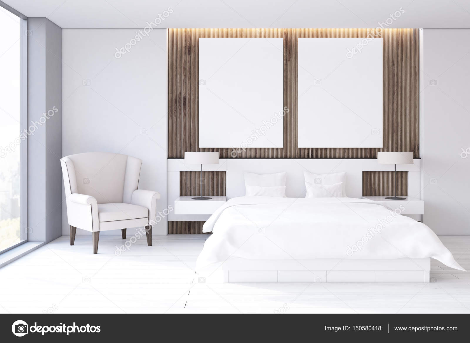 Twee poster slaapkamer, witte vloer, voorzijde — Stockfoto ... Twee poster slaapkamer, witte vloer, voorzijde — Stockfoto ...