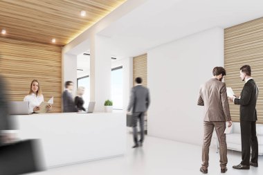 Hafif ahşap Resepsiyon, koltuk, yan, insanlar