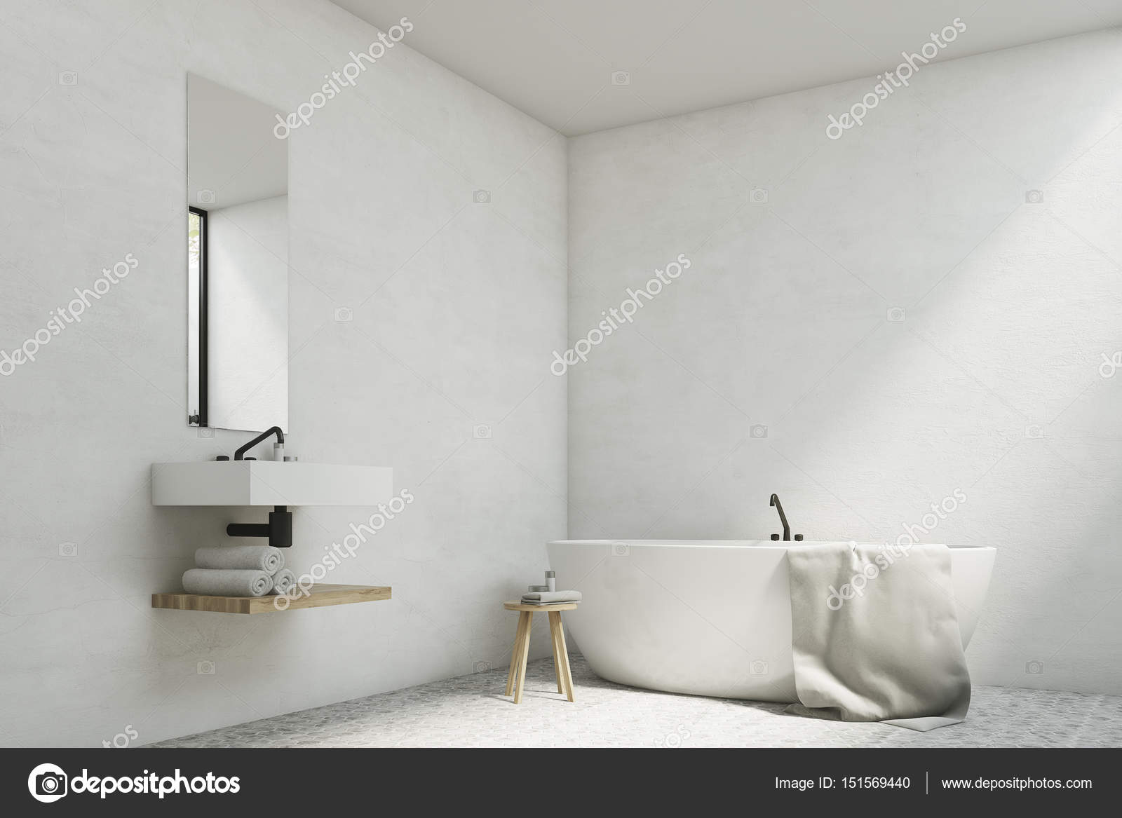 Weisses Badezimmer Mit Waschbecken Und Badewanne Stockfoto C Denisismagilov 151569440