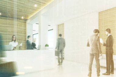 Hafif ahşap Resepsiyon, koltuk, yan, tonda insanlar