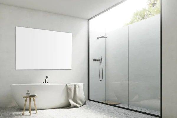 White bathroom with a tub and poster, corner — Stock Photo, Image