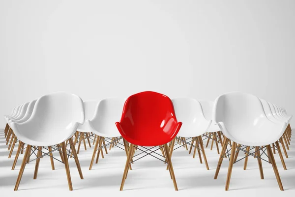 Righe di sedie bianche e rosse, davanti — Foto Stock