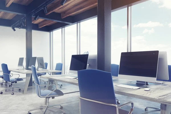 Office with metal pillars, side, toned