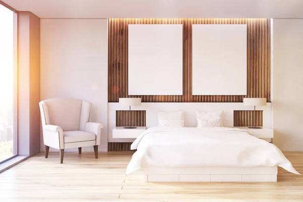 Twee poster slaapkamer, leunstoel, voorzijde, afgezwakt — Stockfoto