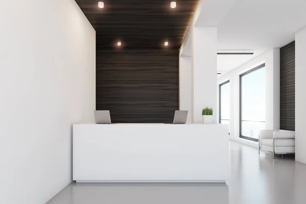 Dark wood reception, front — Stock Photo, Image