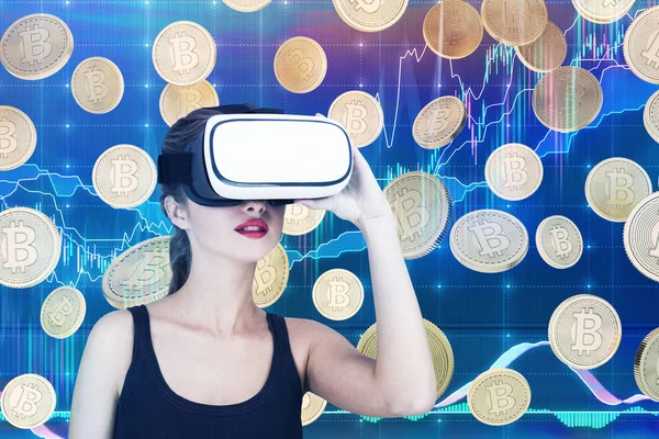 Kadın vr gözlük ve grafikler ile bitcoins